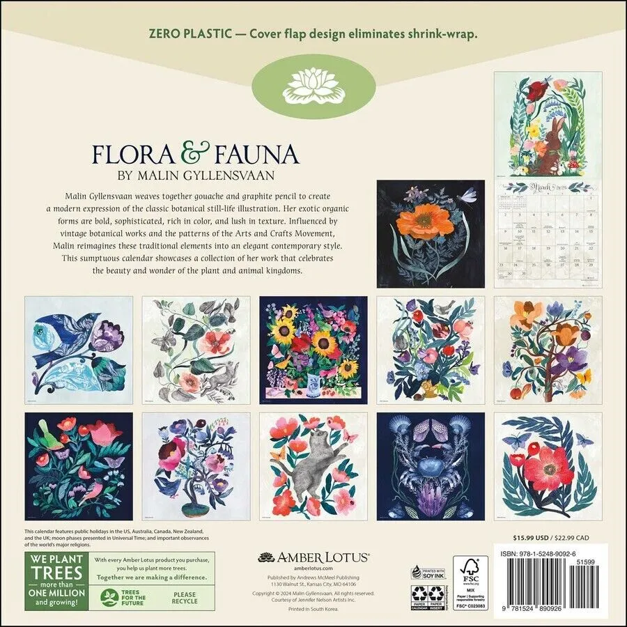 Amber Lotus Flora & Fauna by Malin Gyllensvaan 12x12 2025 Wall Calendar