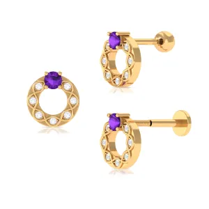 Amethyst and Moissanite Open Circle Helix Earring in Gold