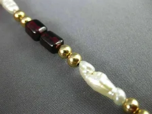 ANTIQUE AAA GARNET & PEARL 14KT YELLOW GOLD BEADED MULTI SHAPE BRACELET #21984