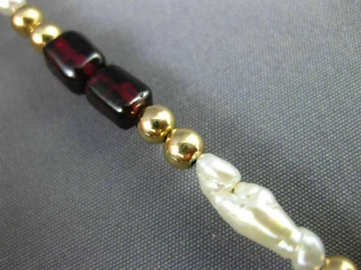 ANTIQUE AAA GARNET & PEARL 14KT YELLOW GOLD BEADED MULTI SHAPE BRACELET #21984