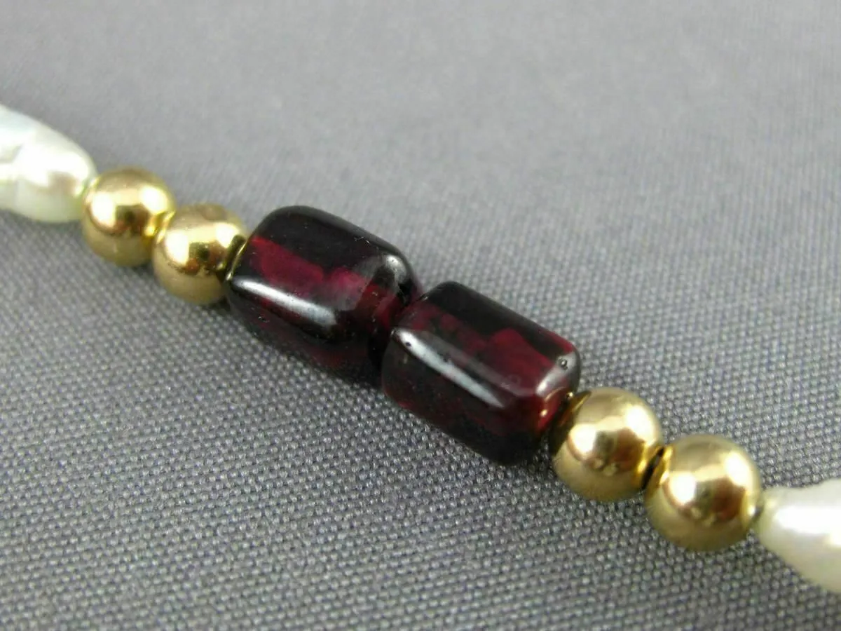 ANTIQUE AAA GARNET & PEARL 14KT YELLOW GOLD BEADED MULTI SHAPE BRACELET #21984