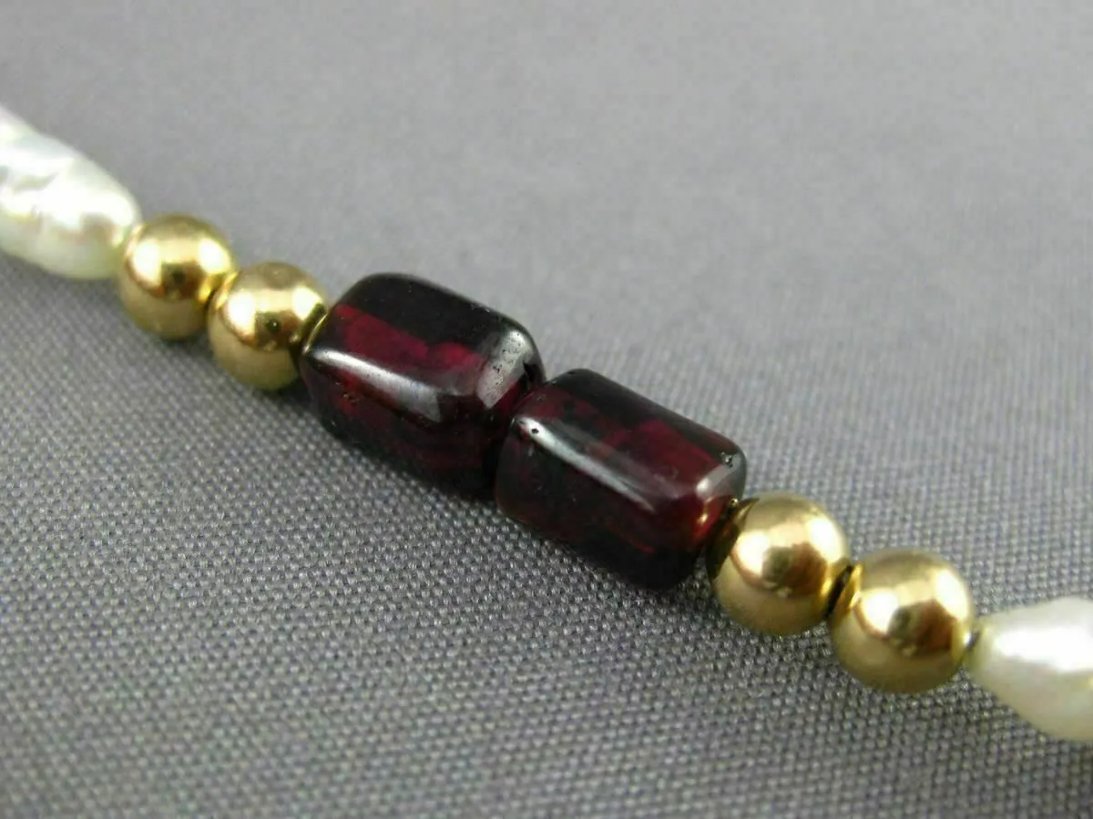 ANTIQUE AAA GARNET & PEARL 14KT YELLOW GOLD BEADED MULTI SHAPE BRACELET #21984