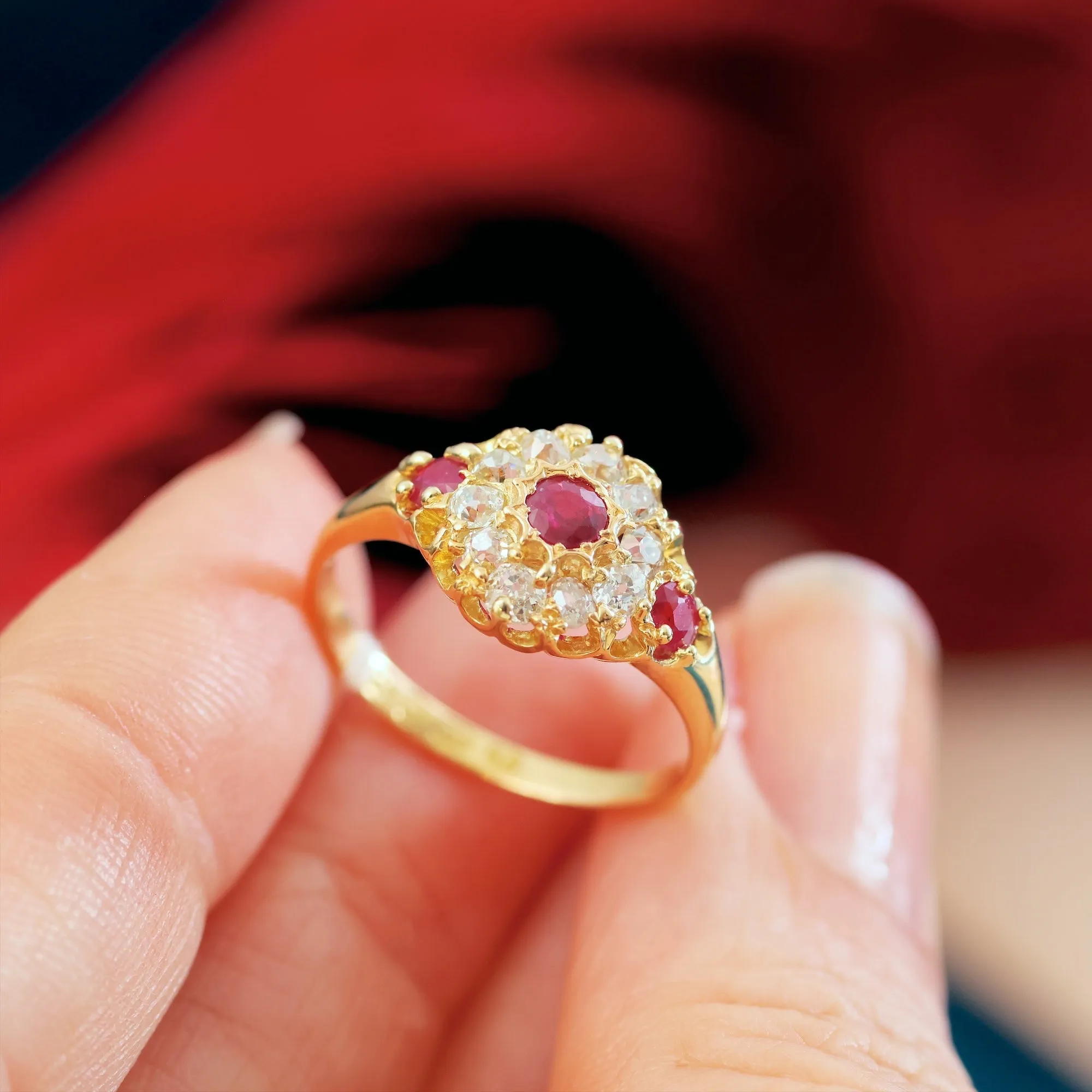 Antique Date 1875 Ruby & Diamond Cluster Ring