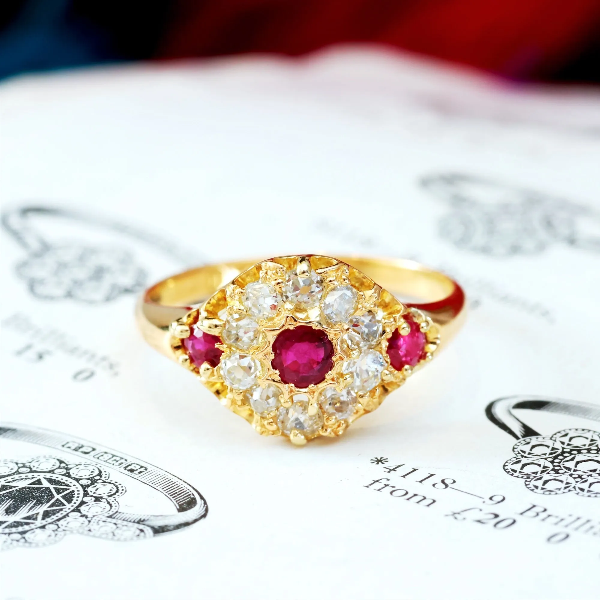 Antique Date 1875 Ruby & Diamond Cluster Ring