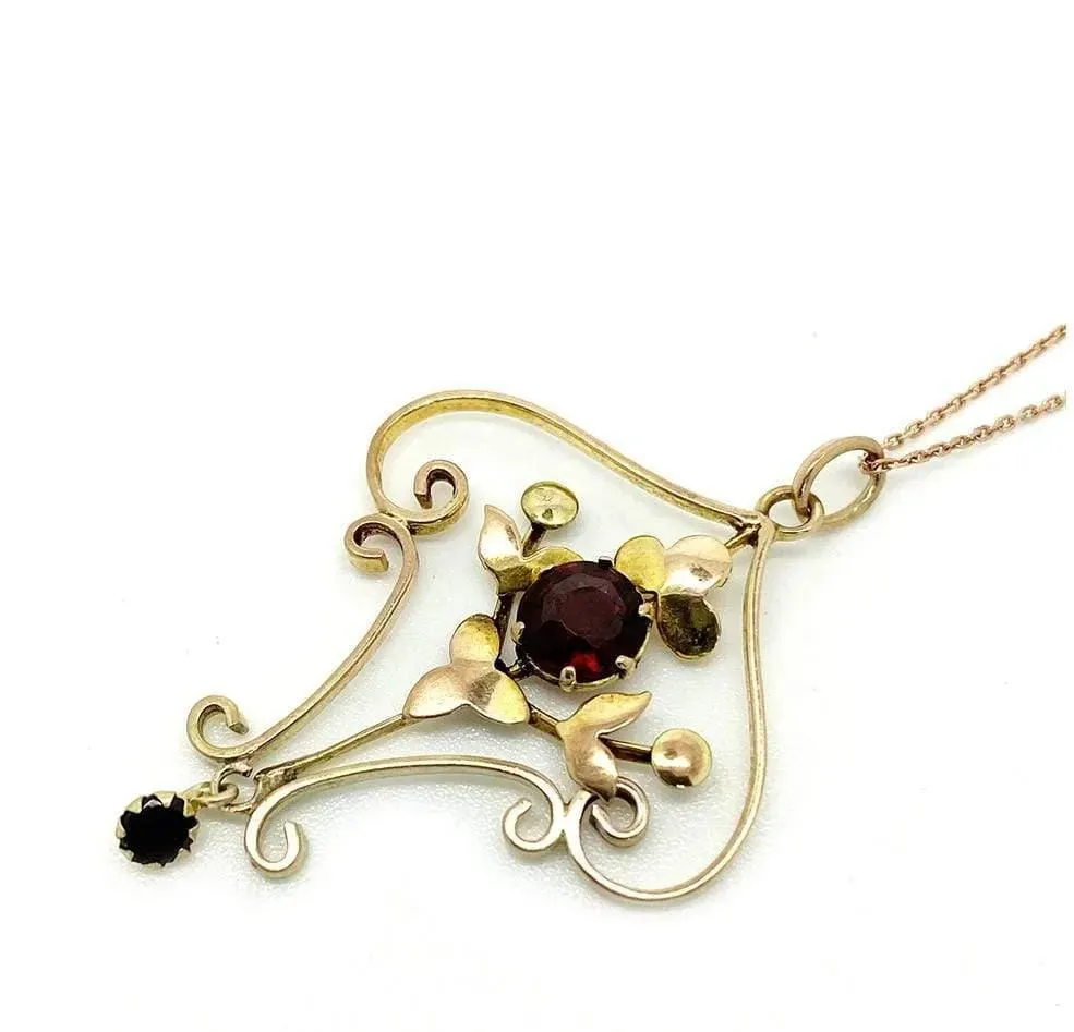 Antique Edwardian 9ct Gold Garnet Necklace