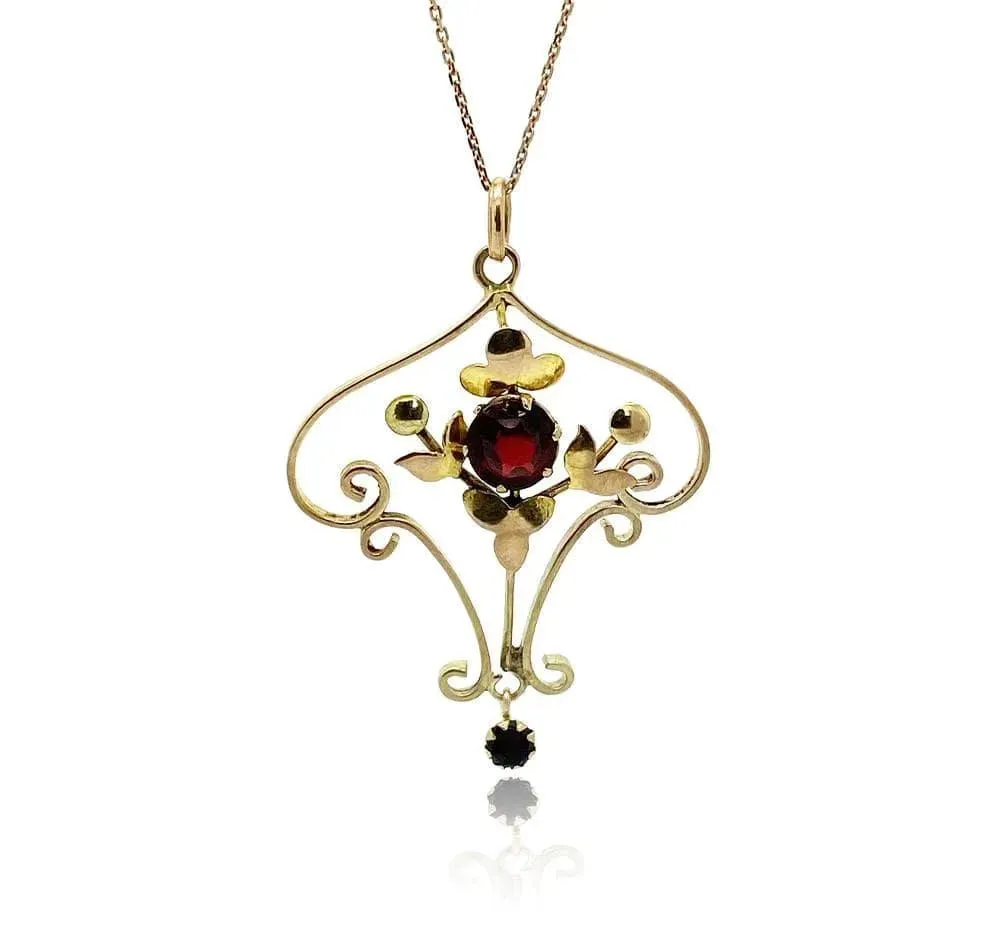 Antique Edwardian 9ct Gold Garnet Necklace