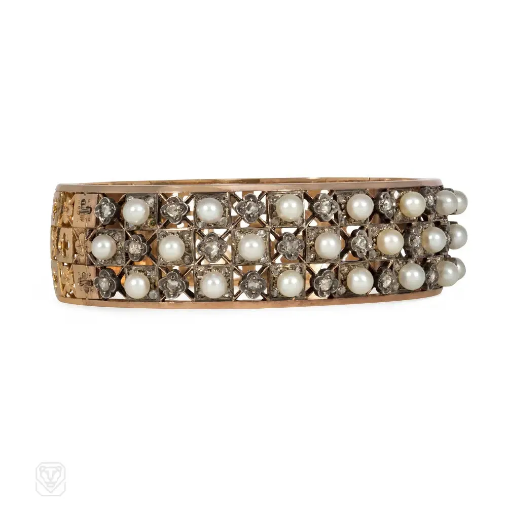 Antique French pearl and diamond lattice lace cuff