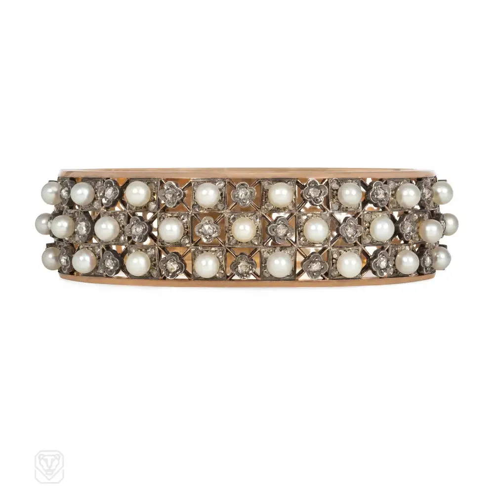 Antique French pearl and diamond lattice lace cuff