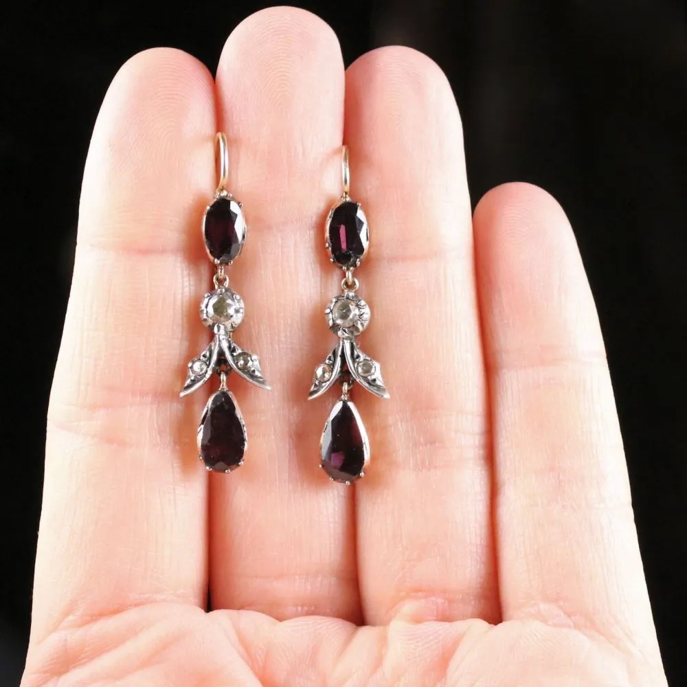 Antique Georgian Garnet Diamond Earrings Long Flat Cut Garnet 18Ct Gold