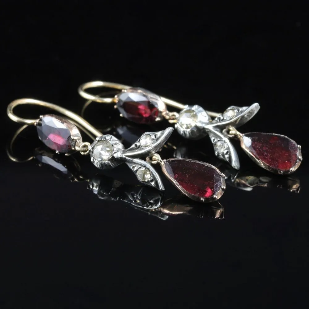 Antique Georgian Garnet Diamond Earrings Long Flat Cut Garnet 18Ct Gold