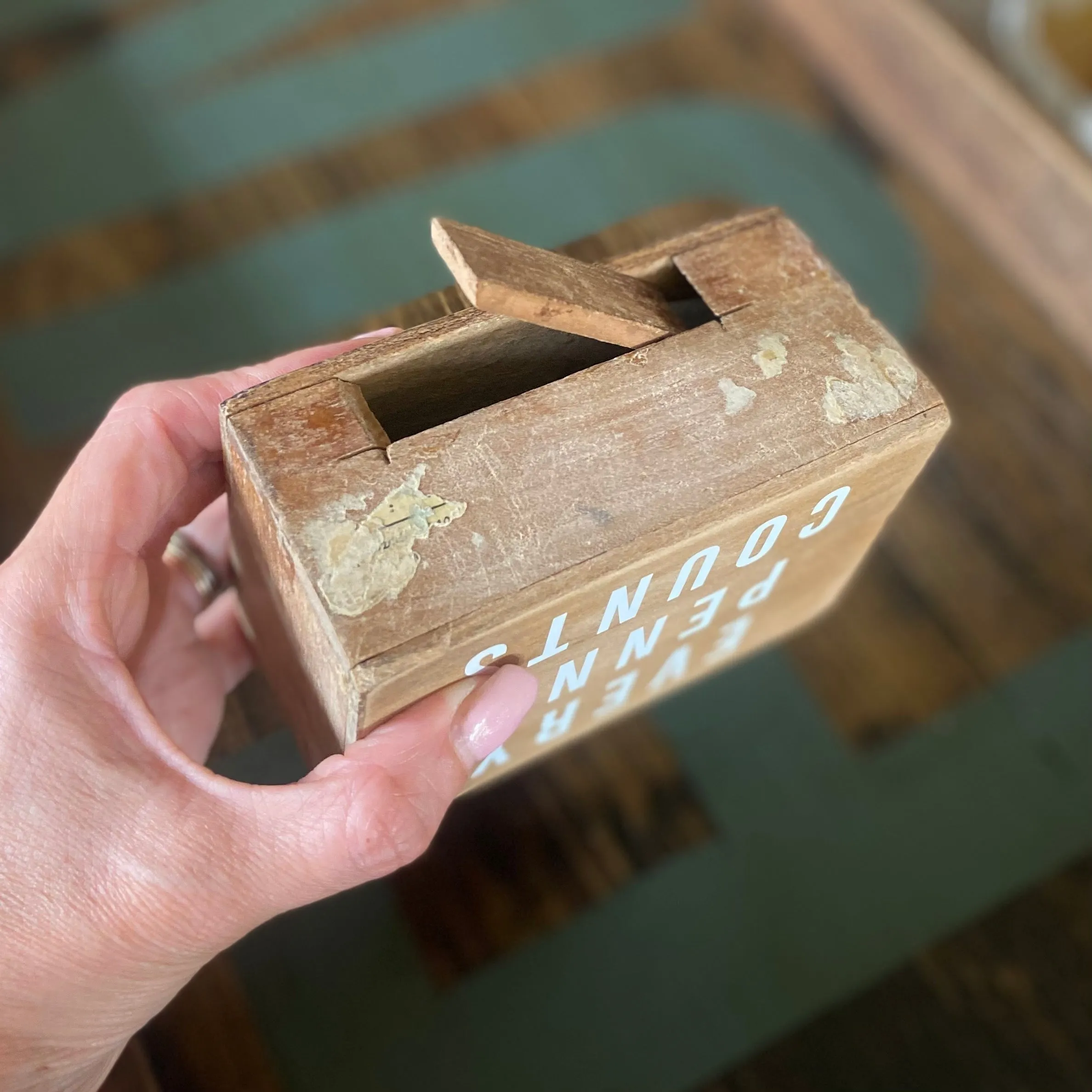 Antique Hand Made Wooden 'Every Penny Counts' Money Box