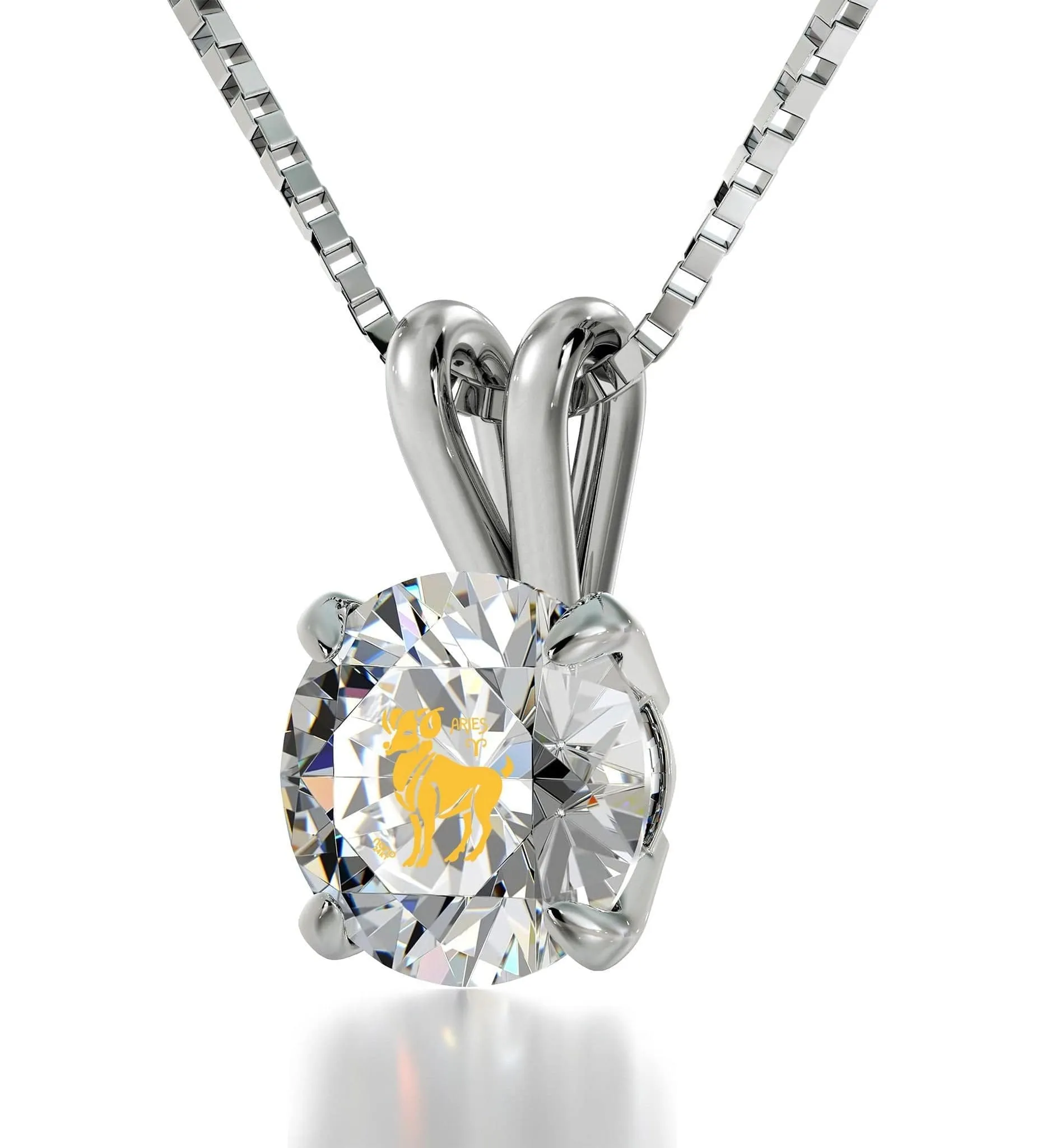 Aries Sign, 14k White Gold Necklace, Swarovski