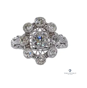 Art Deco 1.65ctw Antique Old European Diamond Cocktail Cluster Platinum Ring, EGL USA