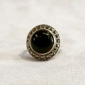 Art Deco Circle Ring Silver Black Marcasite