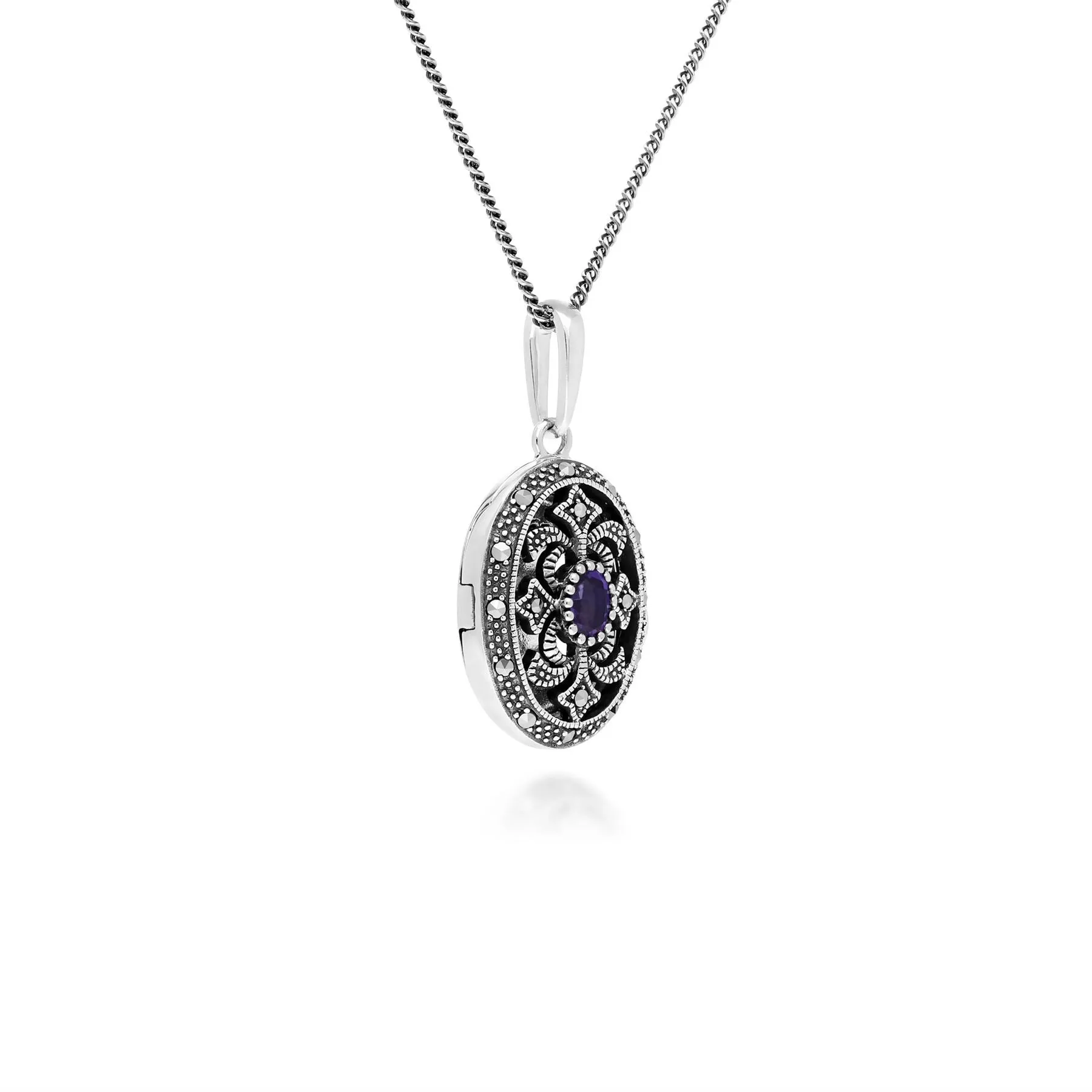 Art Nouveau Stil Ovale Amethyst & Markasite Halskette in 925 Sterlingsterlingsilber