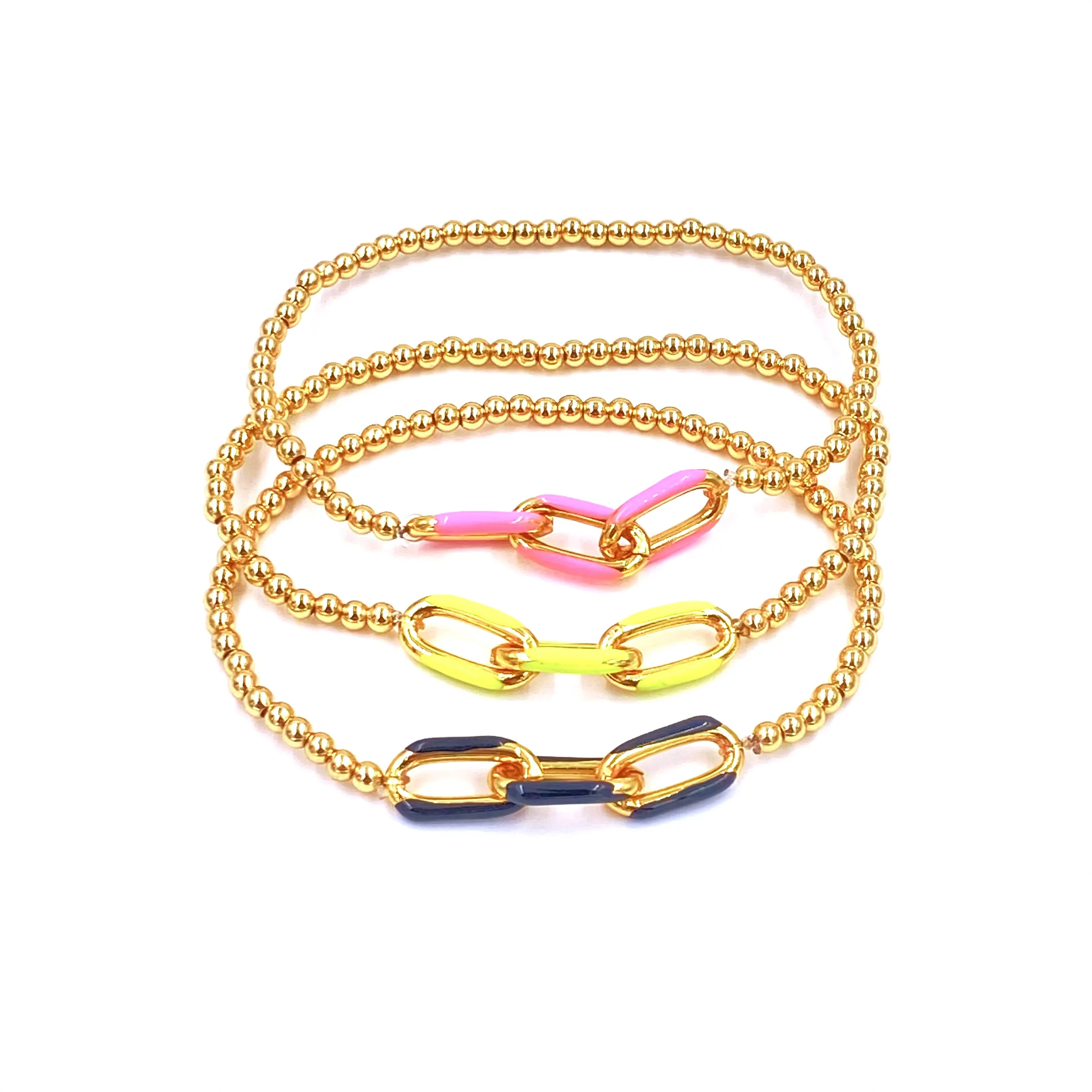 Ashley Gold Stainless Steel Gold Plated 3mm Enamel Link Chain Beaded Stretch Bracelet