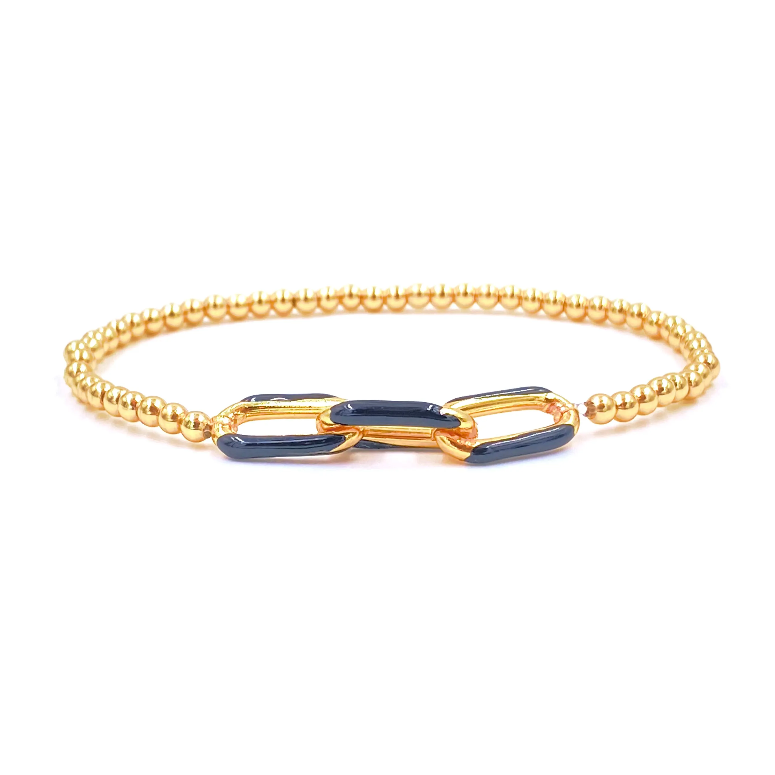 Ashley Gold Stainless Steel Gold Plated 3mm Enamel Link Chain Beaded Stretch Bracelet