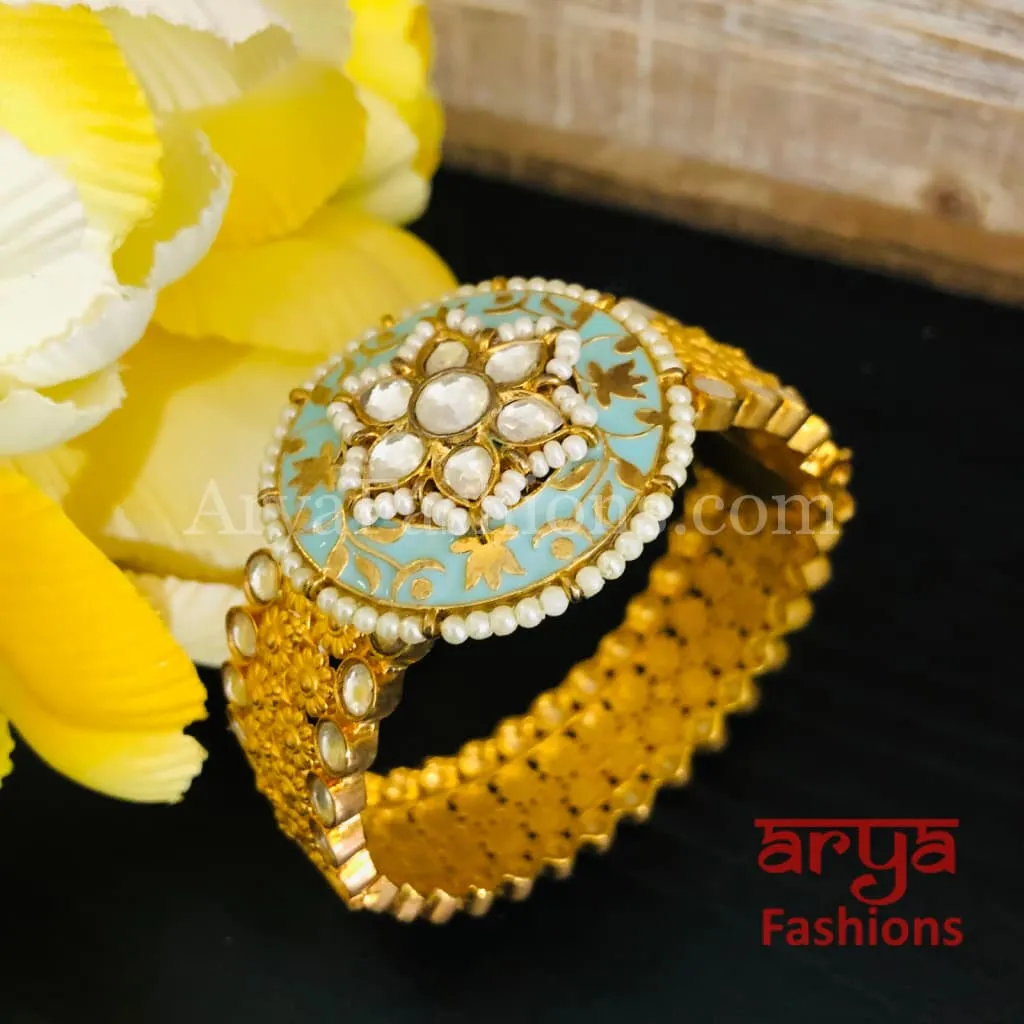 Beautiful Blue Meenakari Kundan Openable Bracelet with Pearls