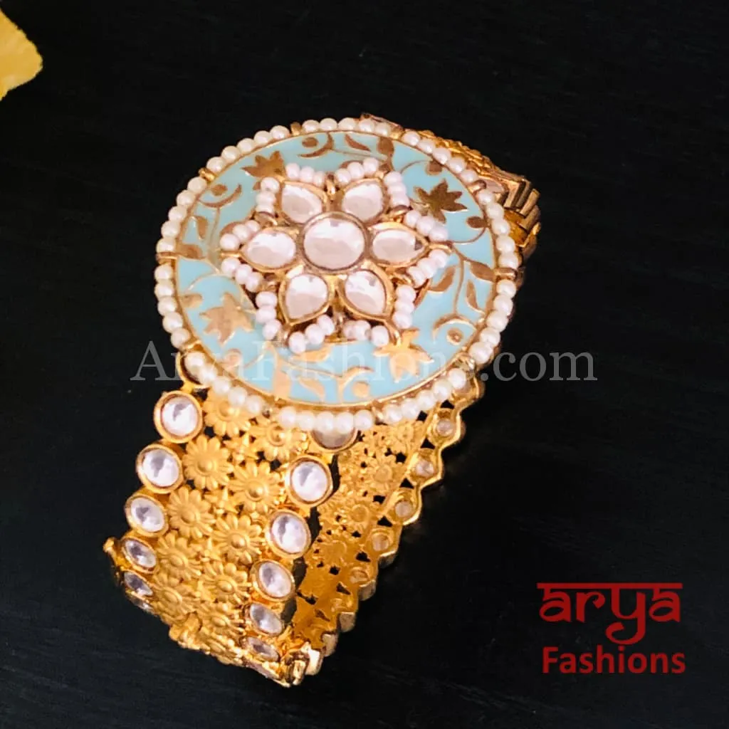 Beautiful Blue Meenakari Kundan Openable Bracelet with Pearls