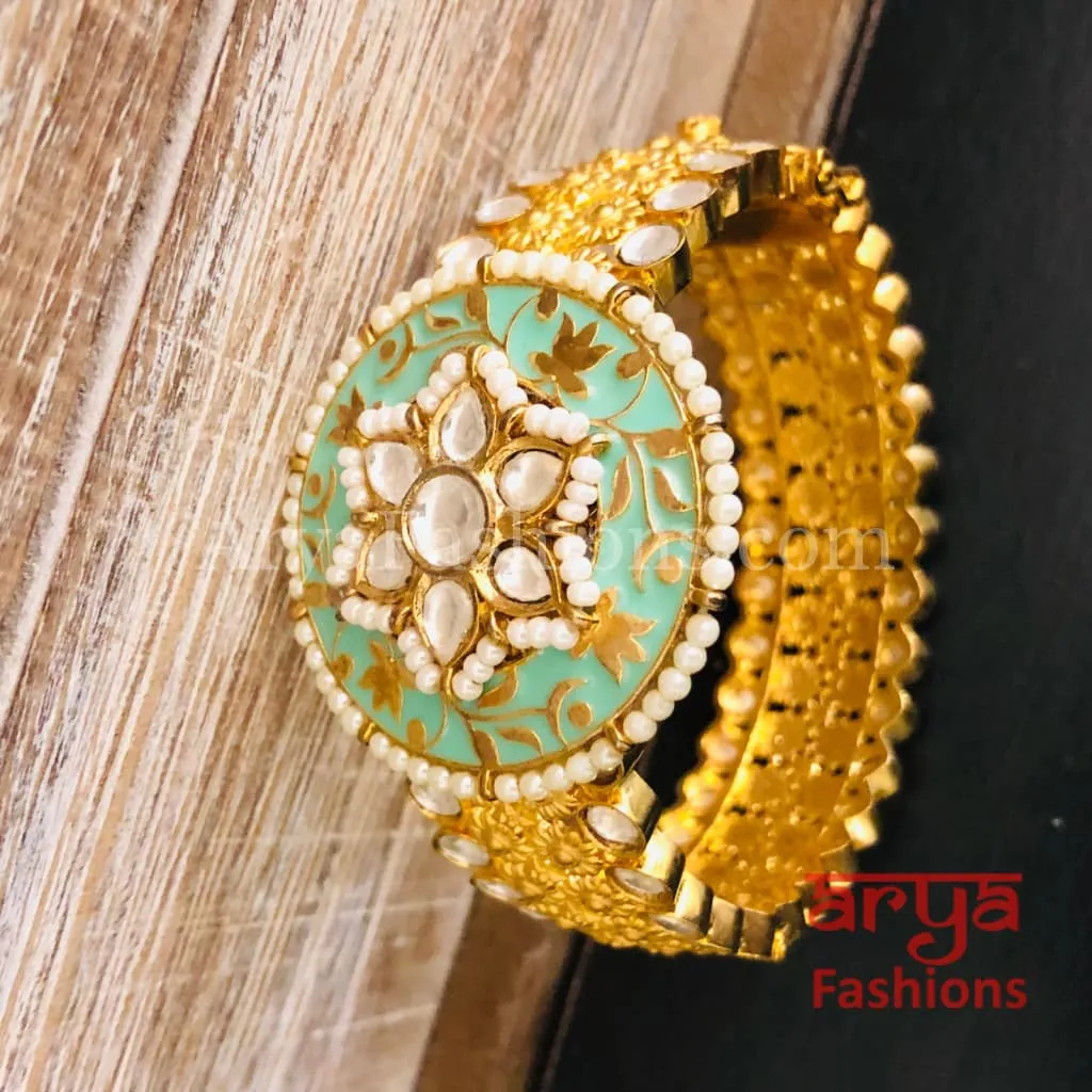 Beautiful Blue Meenakari Kundan Openable Bracelet with Pearls