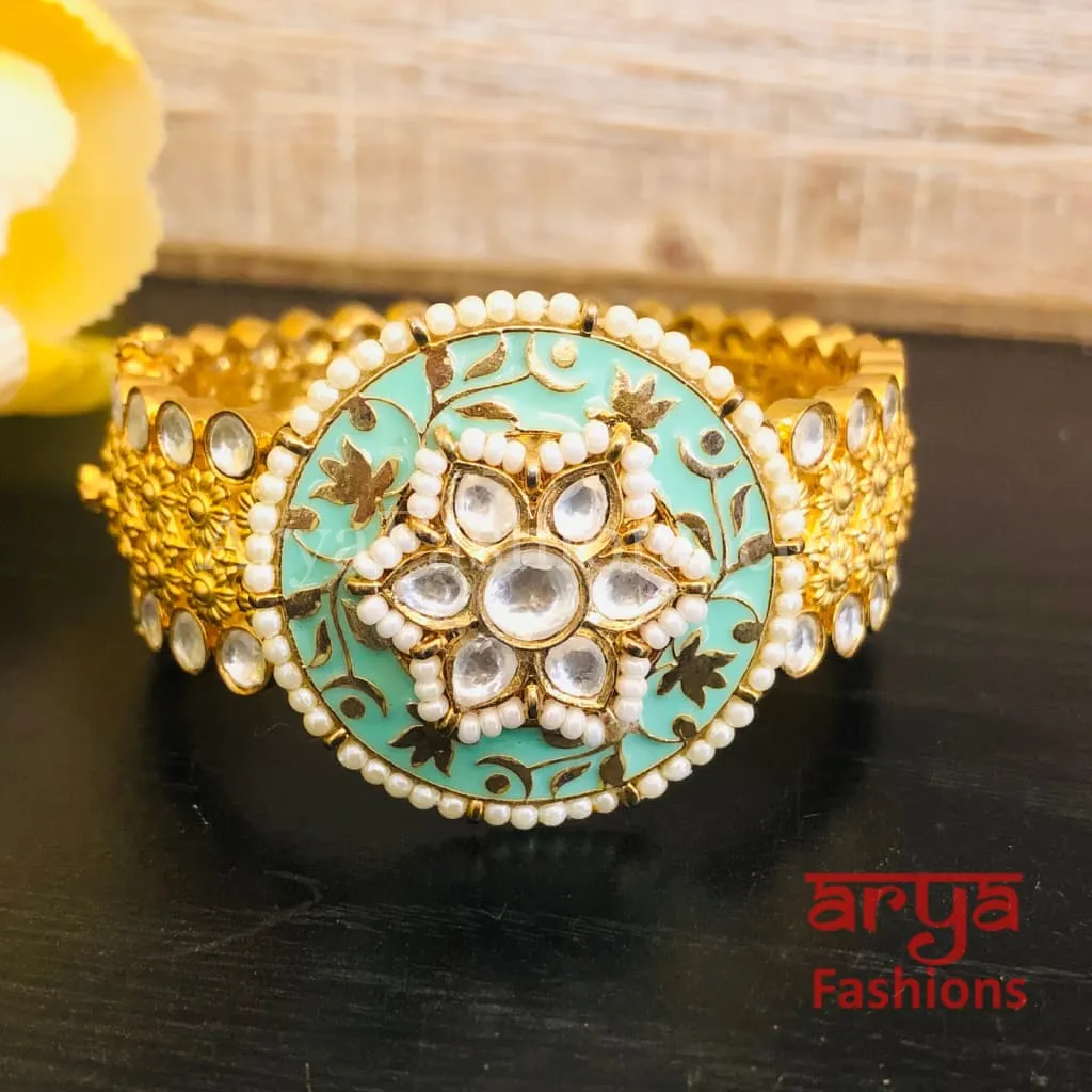 Beautiful Blue Meenakari Kundan Openable Bracelet with Pearls