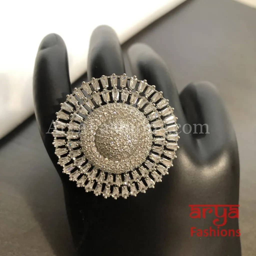 Beautiful CZ Cubic Zirconia Flower Silver Statement Ring