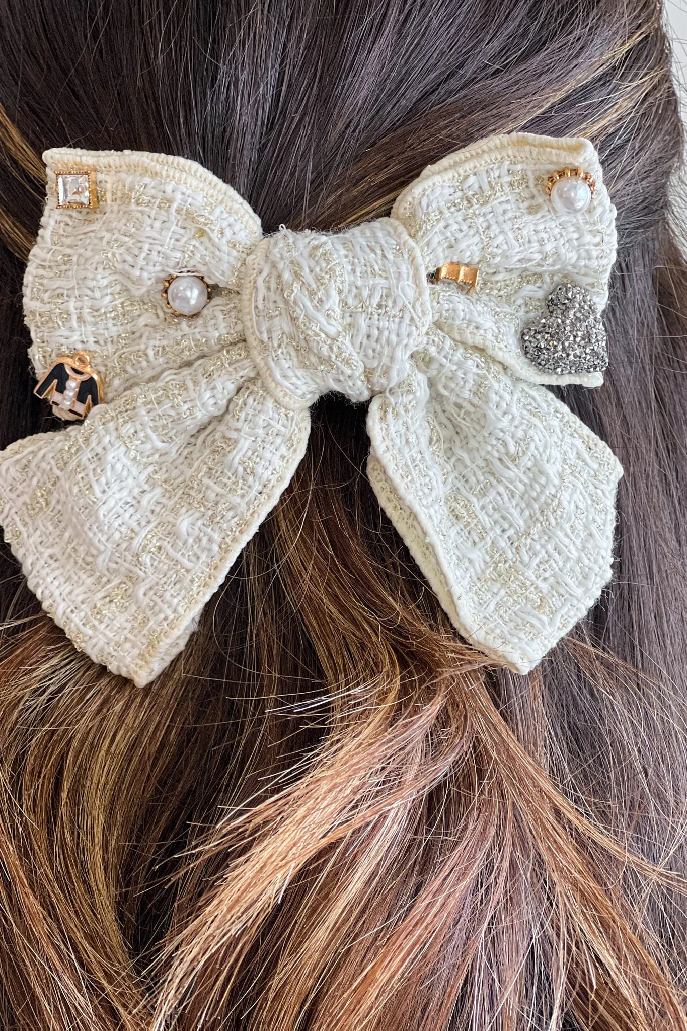 Beige Bow Knot With Crystal Pearl Tweed Hair Clip Barrette