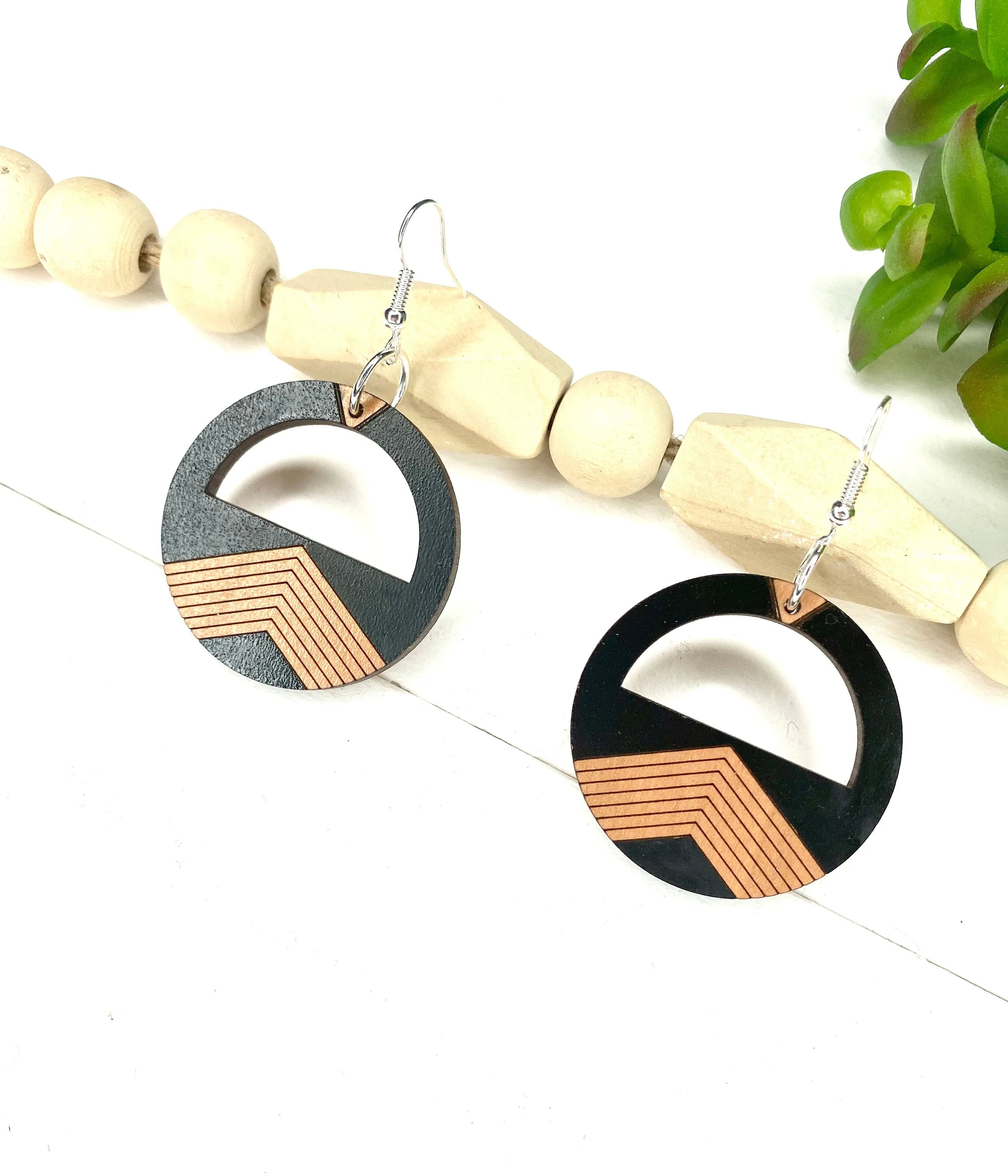 Black and Brown Circle Earring Wood Dangle Drop Earring Boho Inspired Jewelry Date Night Earrings Architectural Jewelry