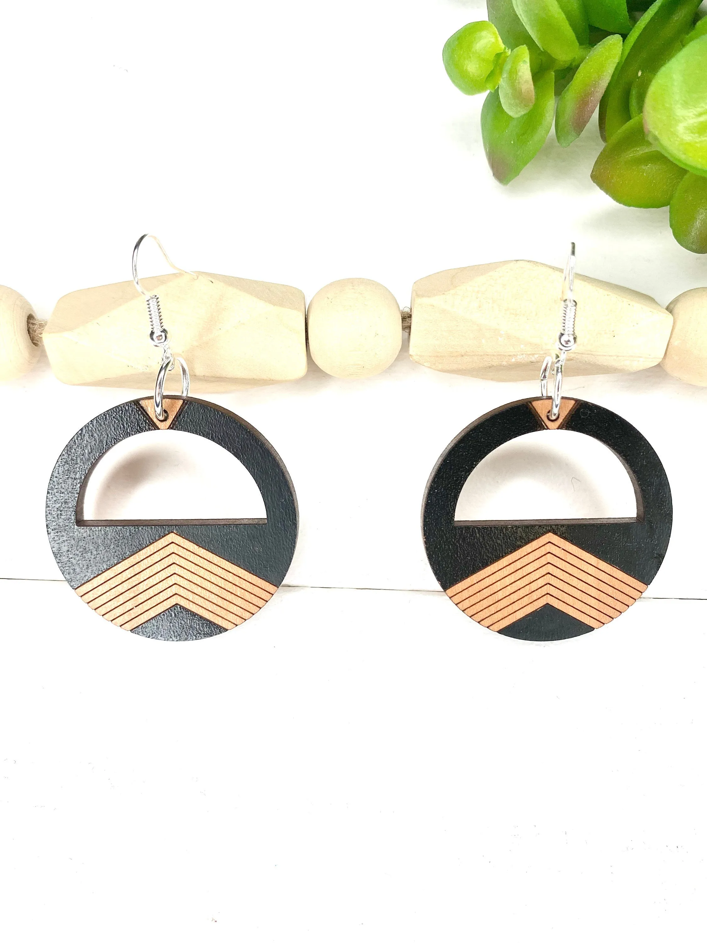 Black and Brown Circle Earring Wood Dangle Drop Earring Boho Inspired Jewelry Date Night Earrings Architectural Jewelry