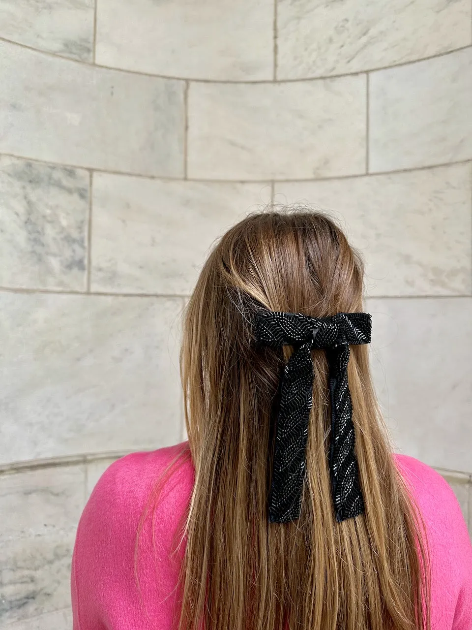 Black Beaded Hair Bow Barrette | Hand-Stitched