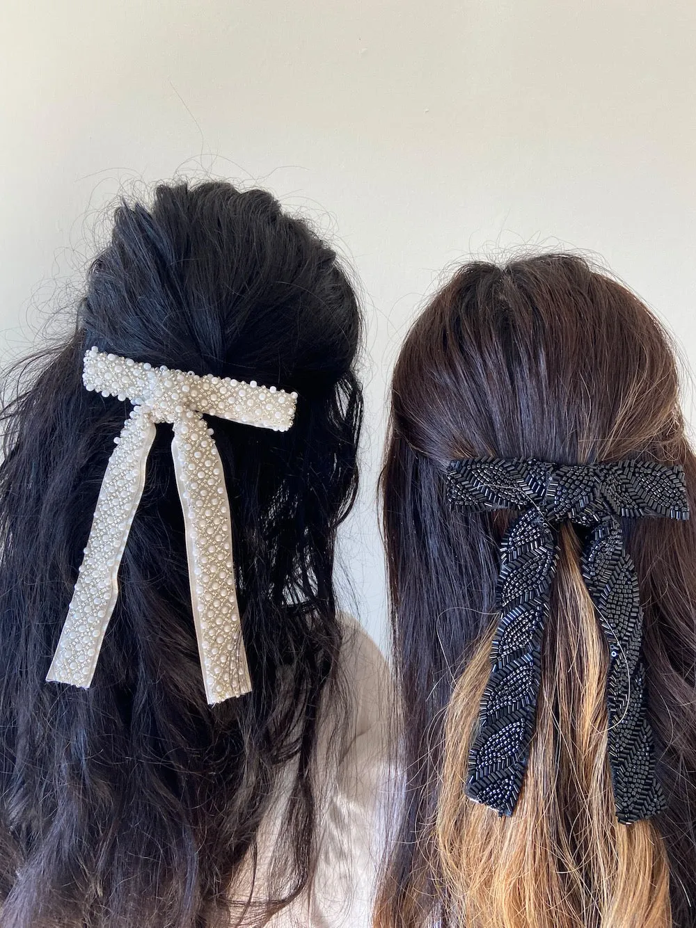 Black Beaded Hair Bow Barrette | Hand-Stitched