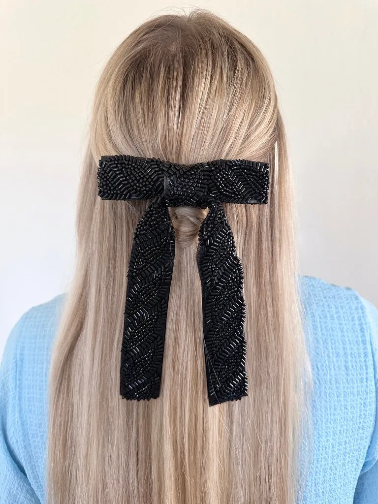 Black Beaded Hair Bow Barrette | Hand-Stitched