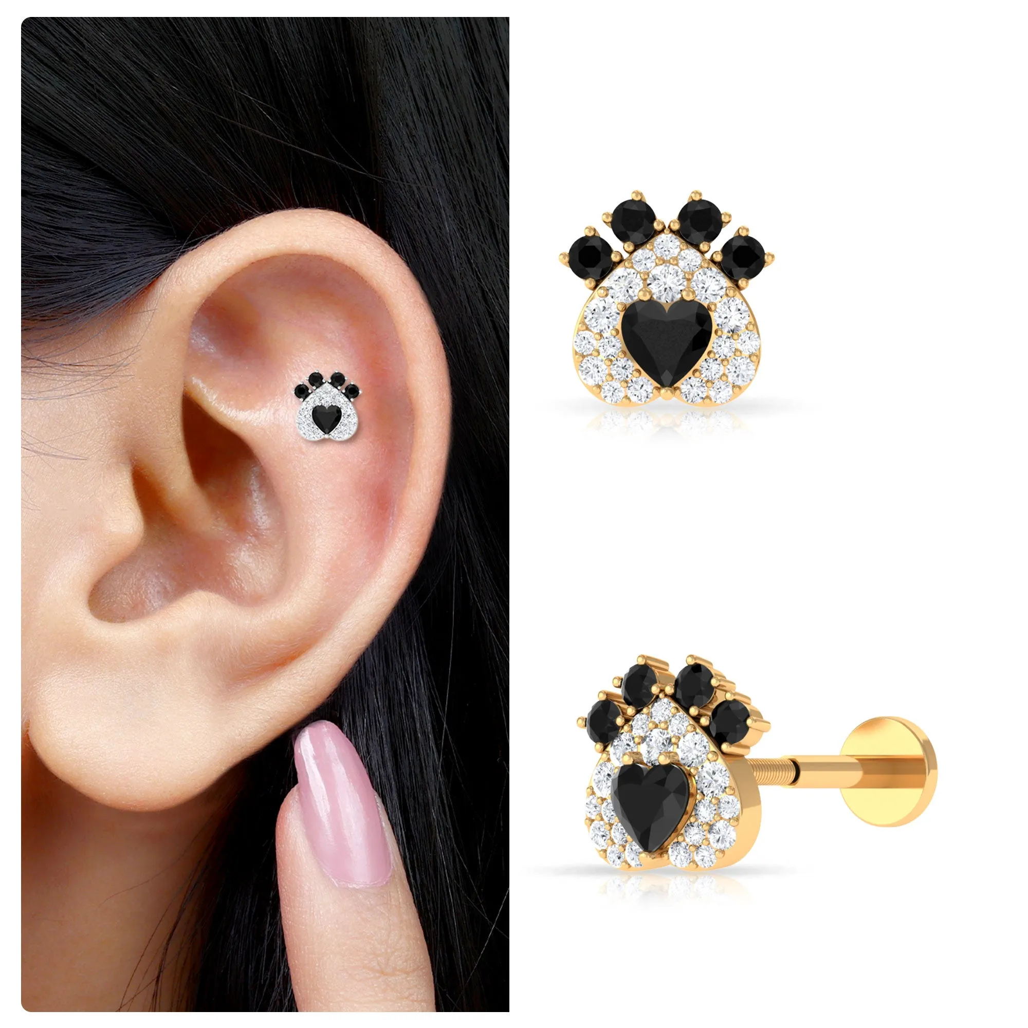 Black Onyx and Moissanite Dog Paw Print Earring in Gold