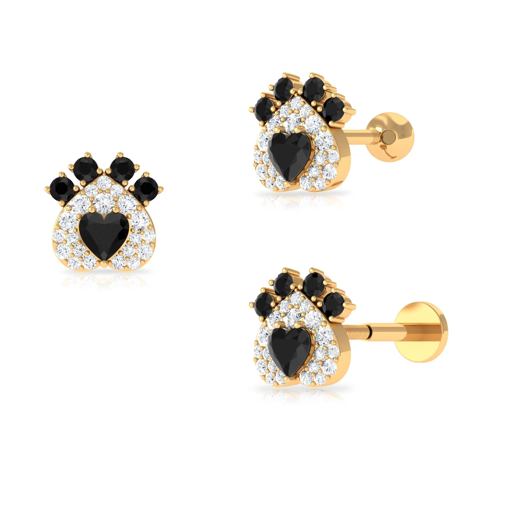 Black Onyx and Moissanite Dog Paw Print Earring in Gold