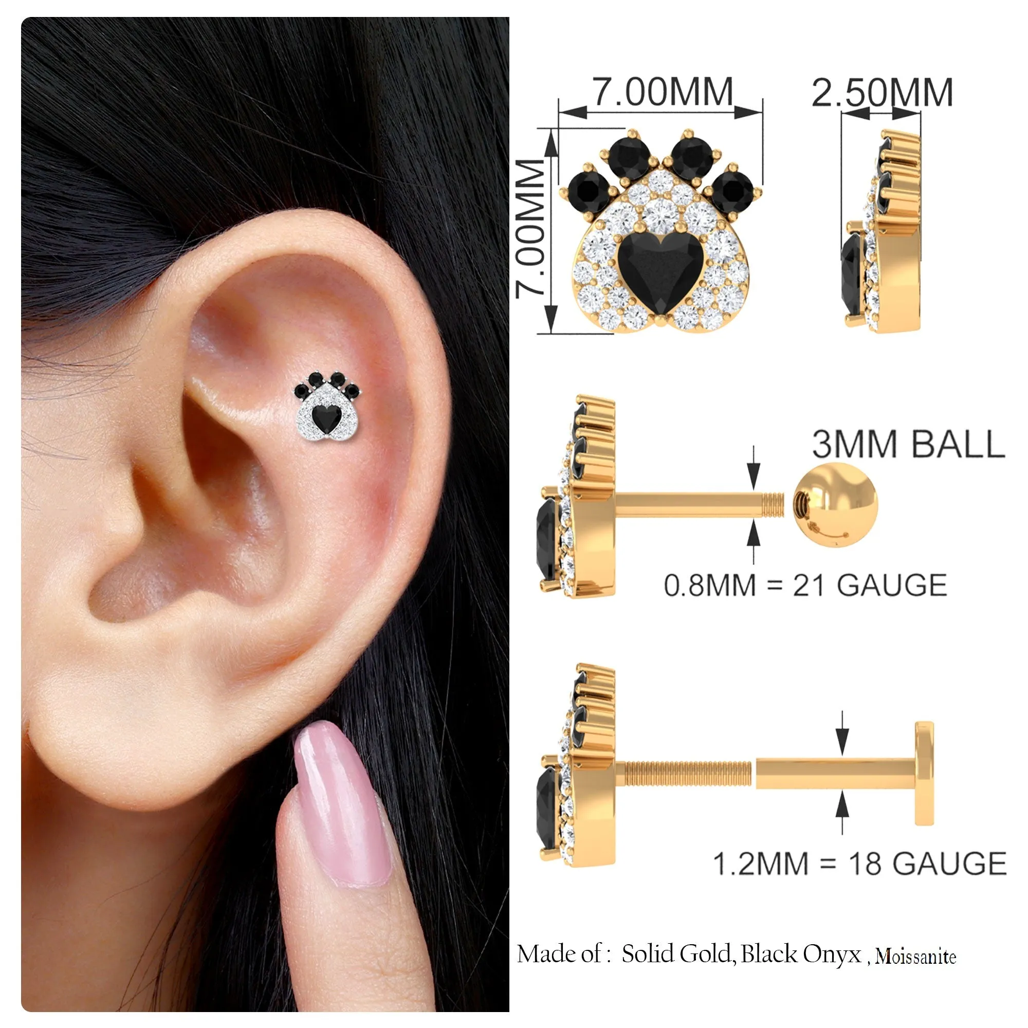 Black Onyx and Moissanite Dog Paw Print Earring in Gold