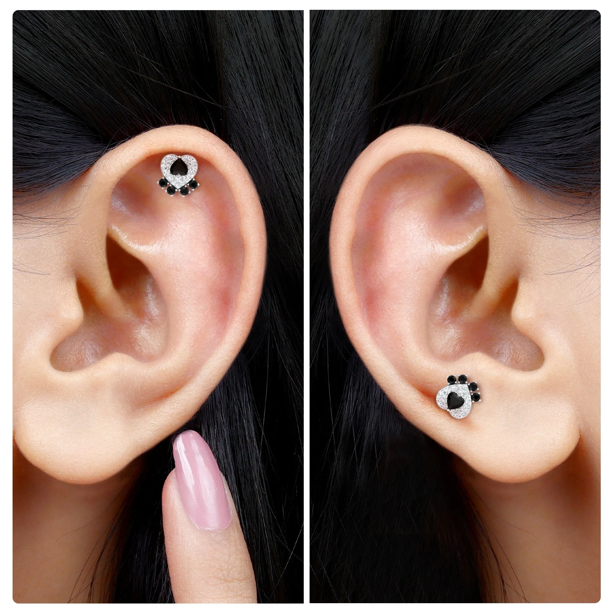 Black Onyx and Moissanite Dog Paw Print Earring in Gold