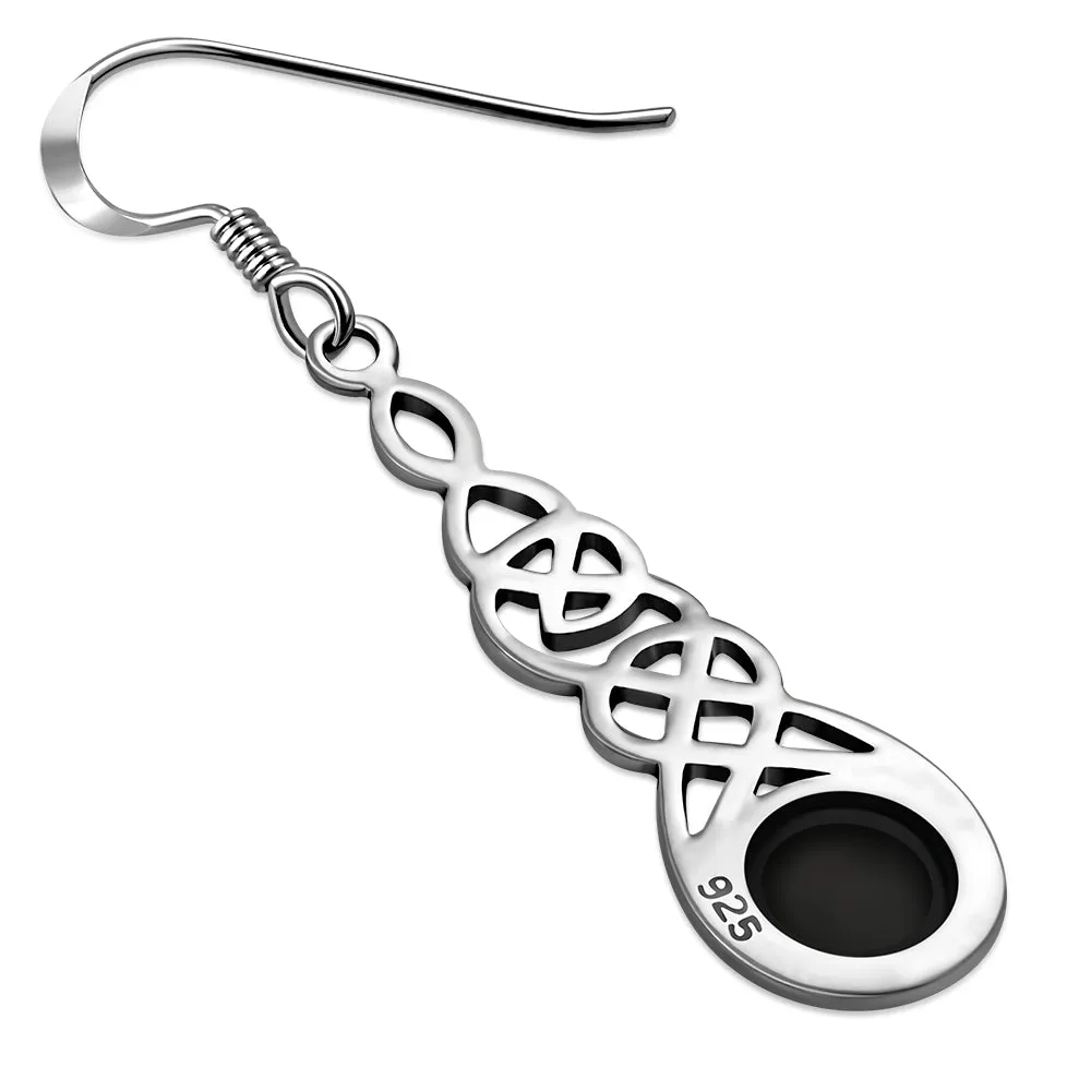 Black Onyx Celtic Long Silver Earrings