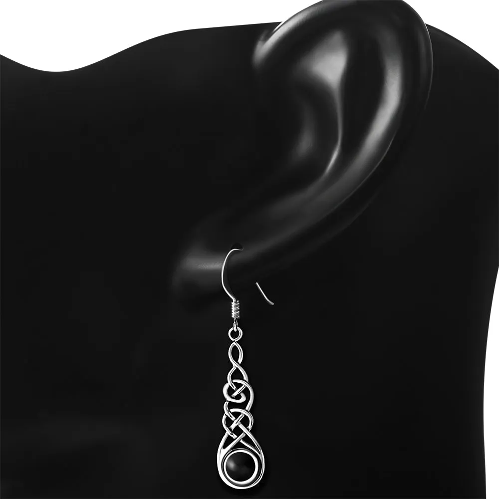 Black Onyx Celtic Long Silver Earrings