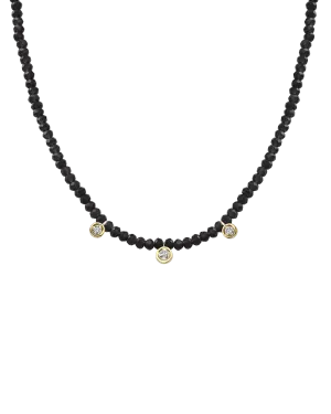 Black Spinel Gemstone & Three diamonds Necklace - 14K Yellow Gold