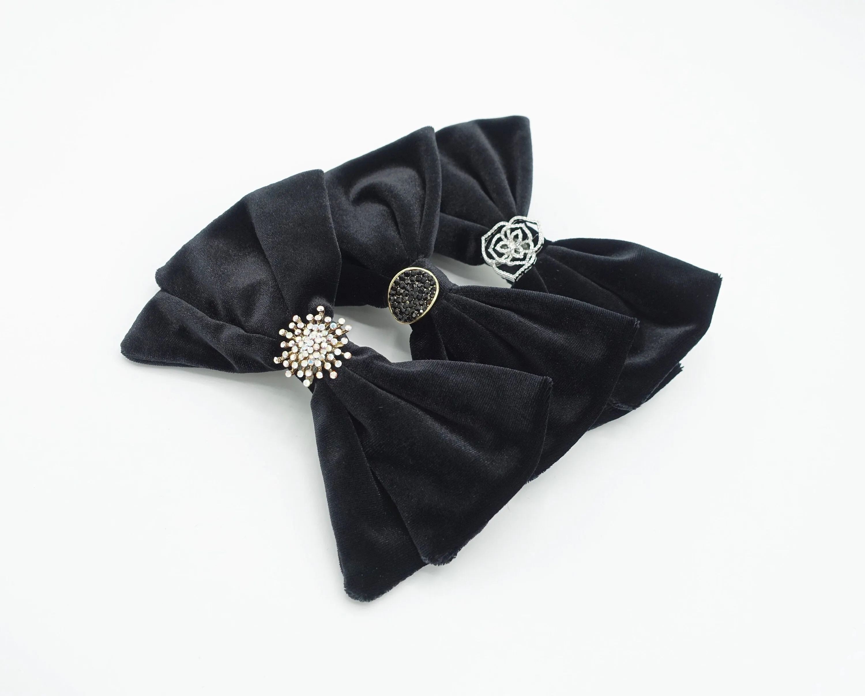 black velvet hair bow rhinestone casting embellished bling hair accessory for women