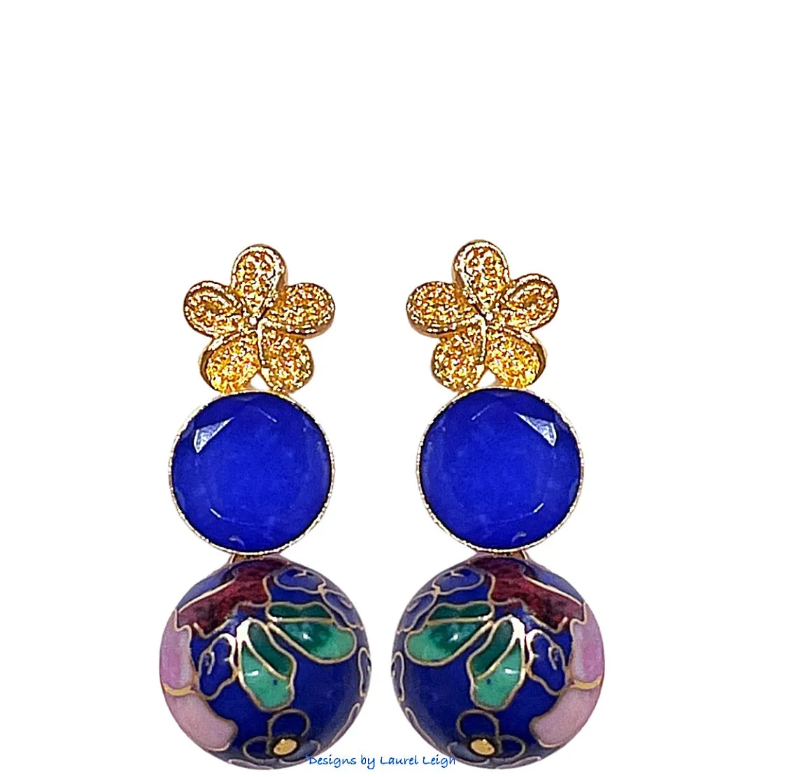 Blue Floral Cloisonné Gemstone Earrings