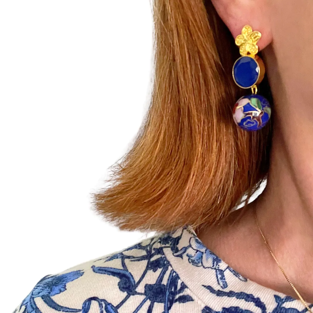 Blue Floral Cloisonné Gemstone Earrings