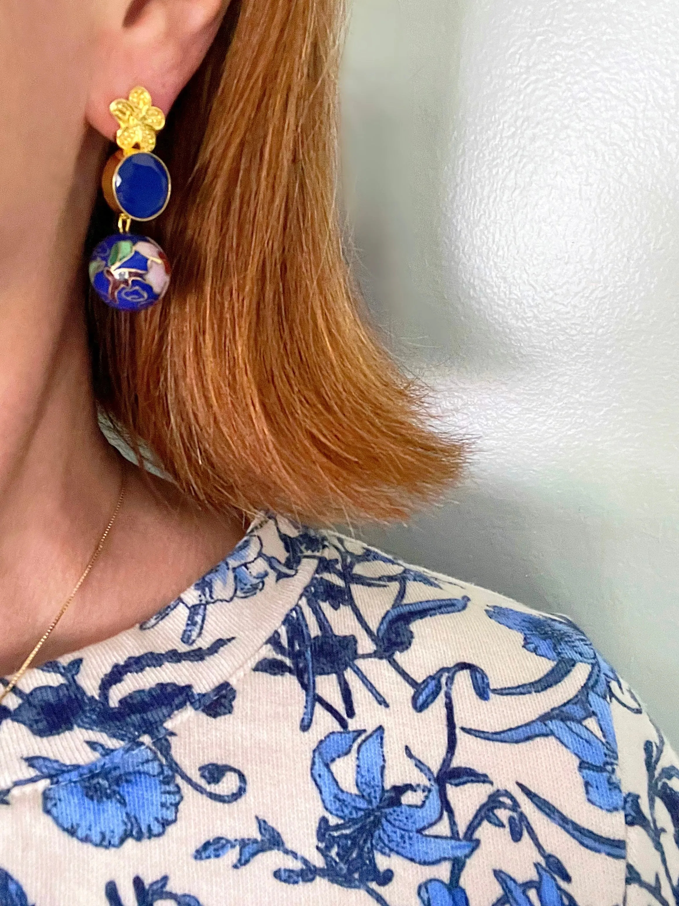 Blue Floral Cloisonné Gemstone Earrings