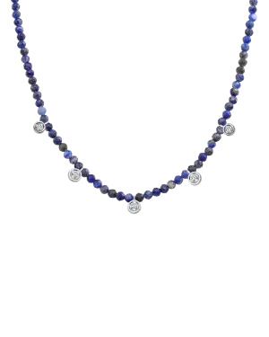 Blue Lapis Gemstone & Five diamonds Necklace - 14K White Gold