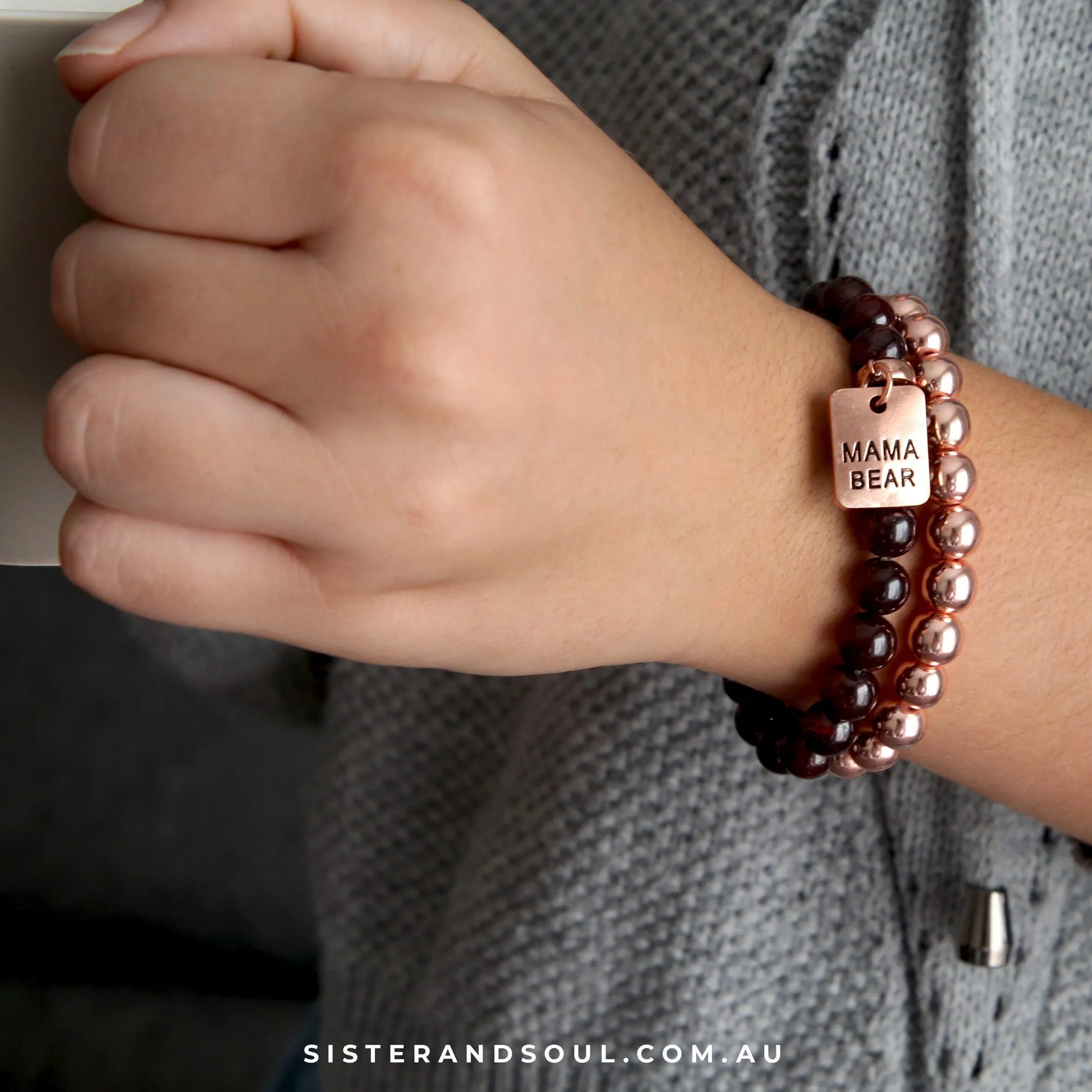 Bracelet Duo! Rose Gold & Garnet bead bracelet stacker set - MAMA BEAR (10853)