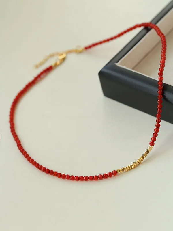 Broken Gold Red Onyx Beaded Necklace