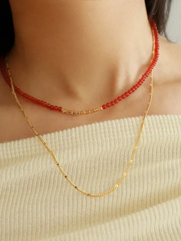 Broken Gold Red Onyx Beaded Necklace