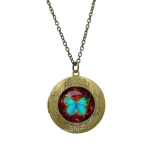 Butterfly Glass Cabochon Antique Locket Necklace - Teal on Red