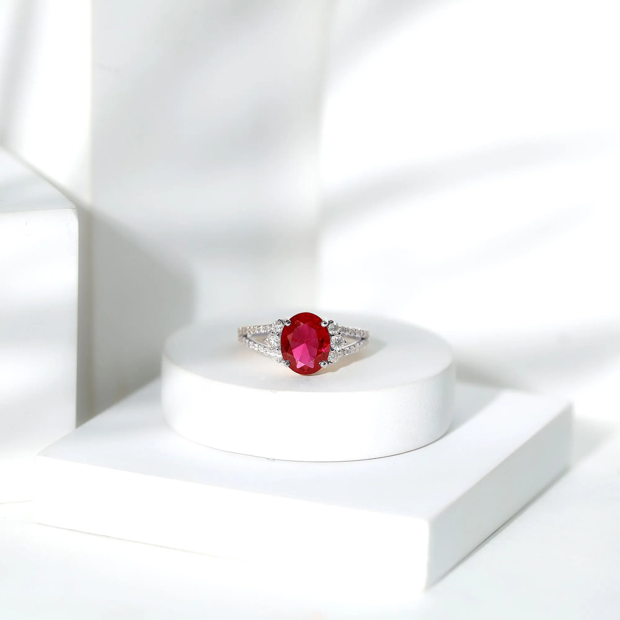 Certified Lab Grown Ruby Oval Engagement Ring With Moissanite