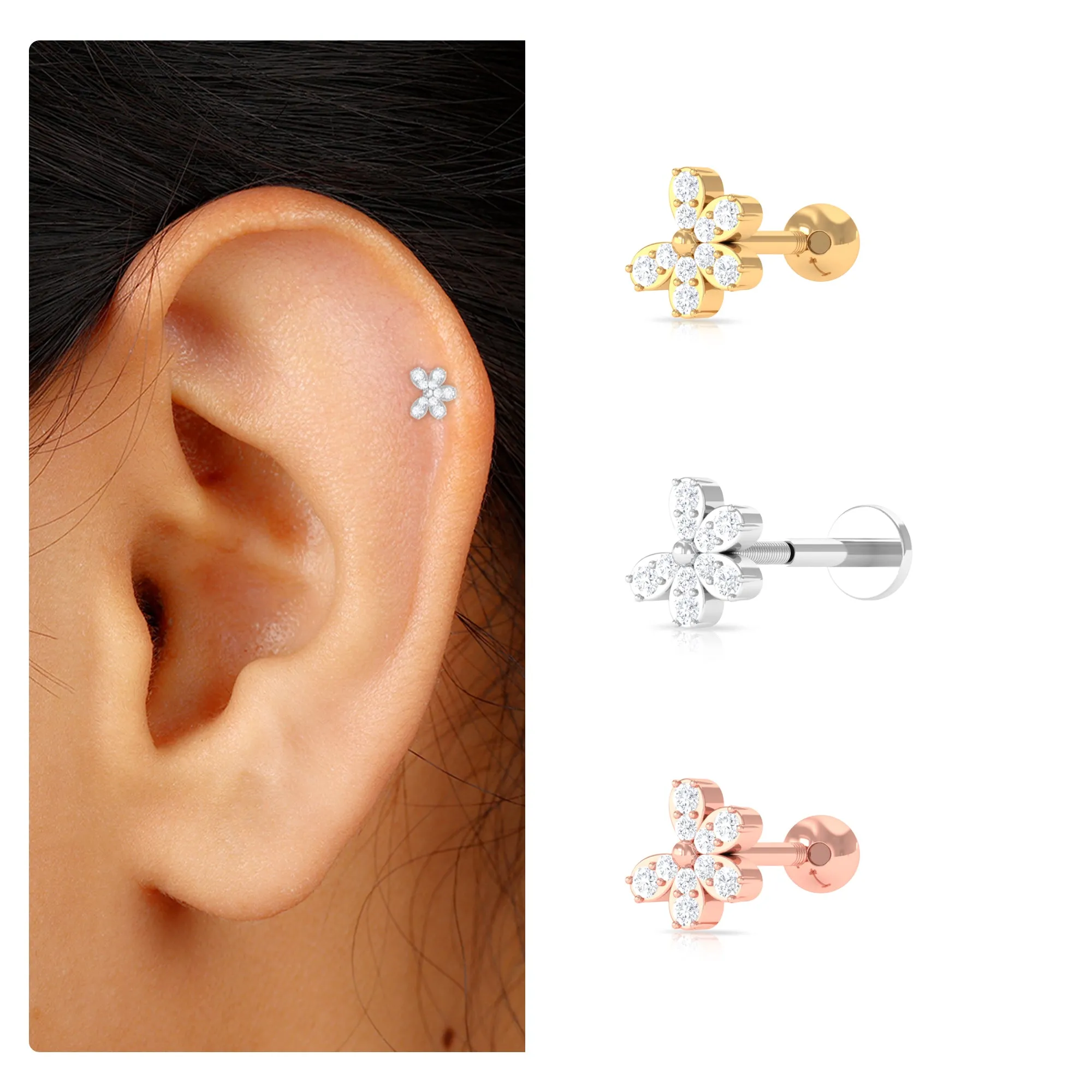 Certified Moissanite Gold Floral Earring for Tragus Piercing